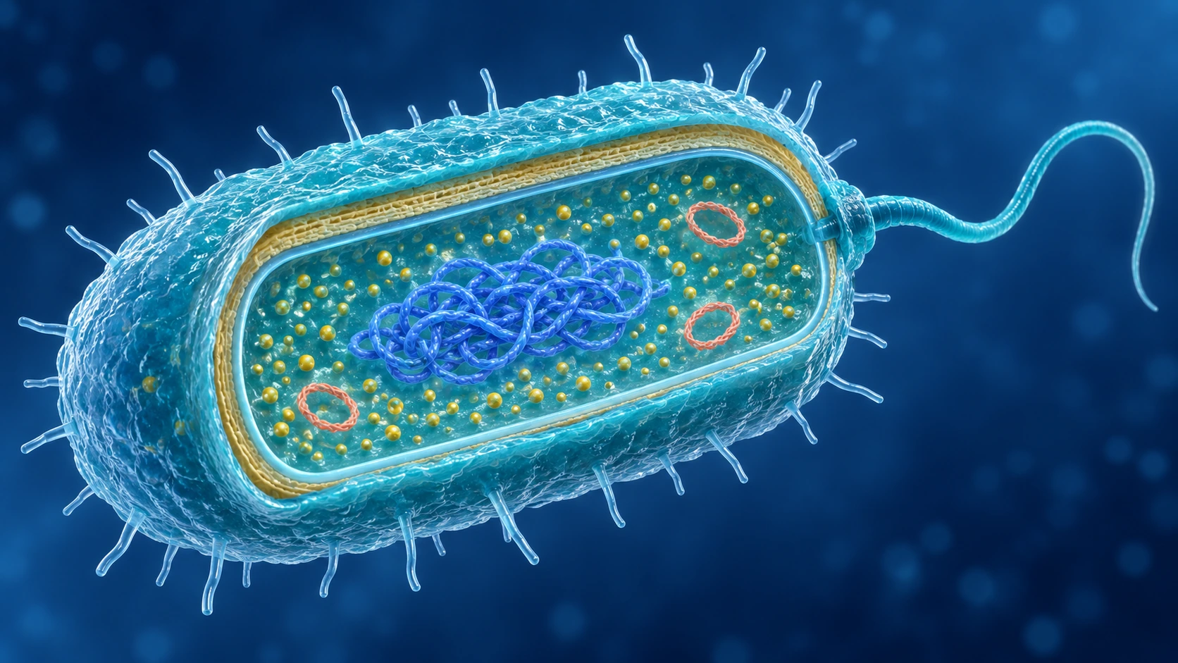 Modelo tridimensional giratorio de una bacteria con nucleoide, ribosomas, pared, cápsula y flagelo
