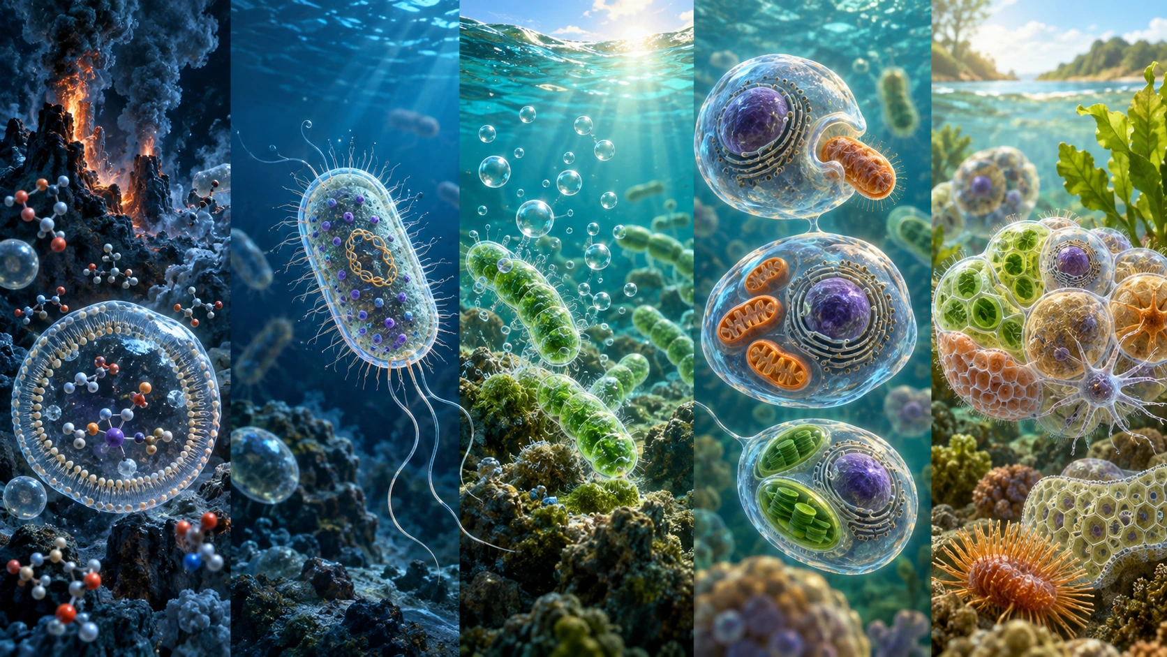 Historia visual 3D desde las protocélulas y procariotas hasta la endosimbiosis y la vida pluricelular
