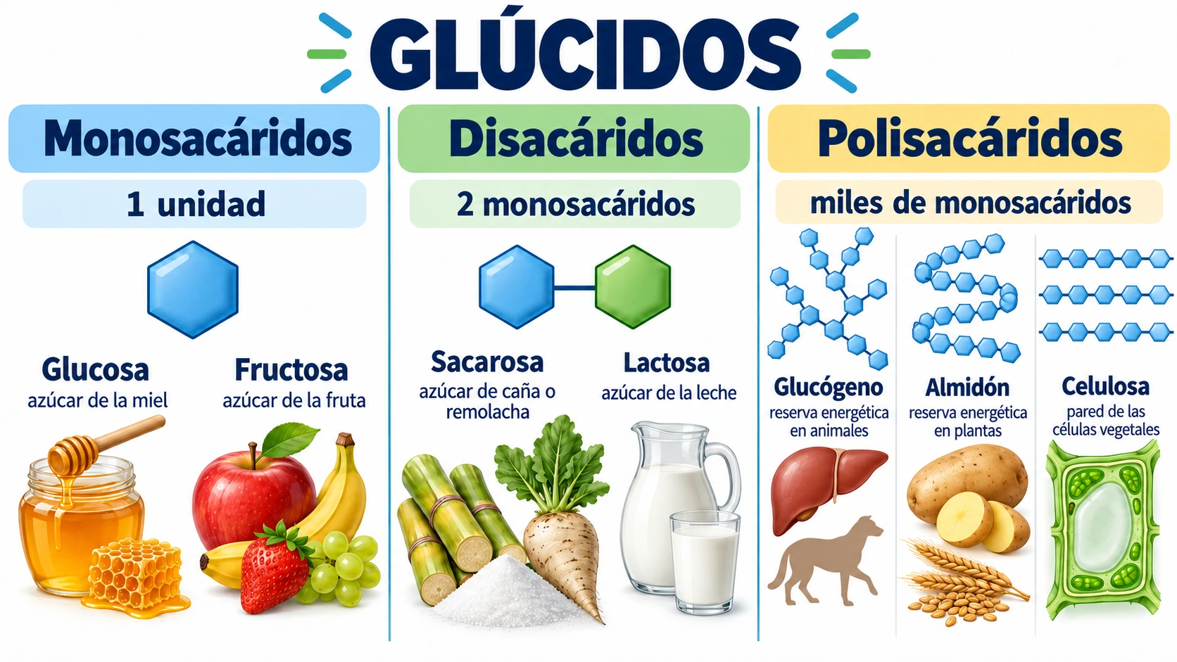 Infografía realista de glúcidos: glucógeno con cadena ramificada, almidón con cadena enrollada y celulosa con cadenas lineales paralelas