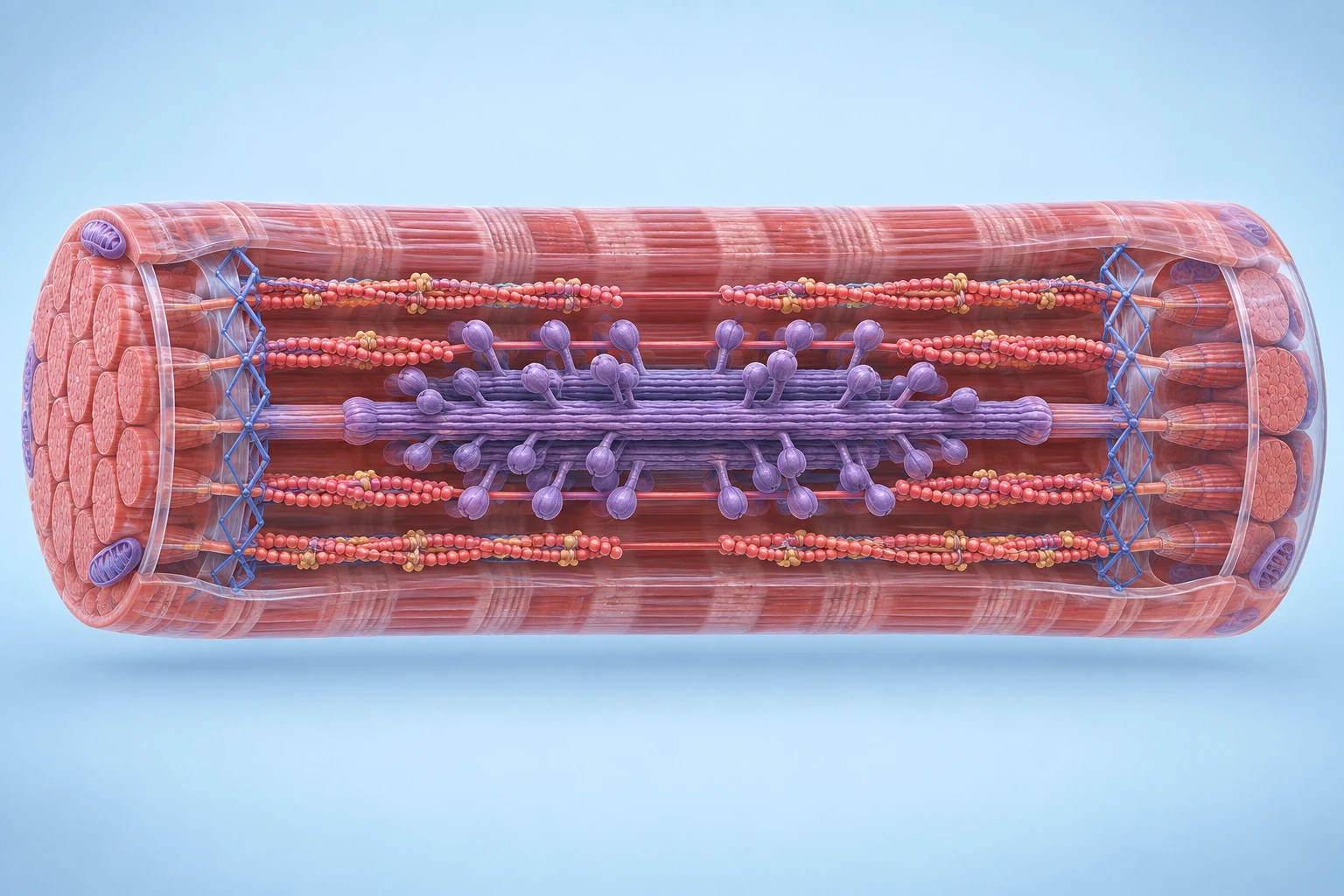 Modelo 3D completo de actina y miosina en una fibra muscular